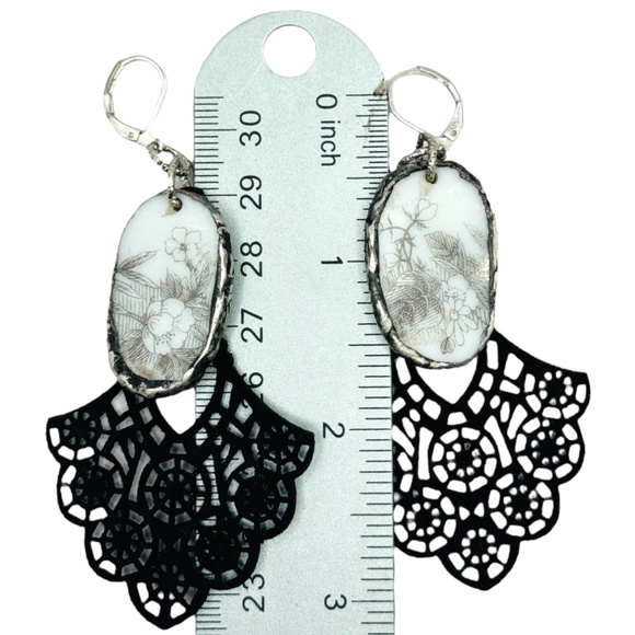 Broken China Chandelier Earrings Artisan Brutalist Glam Bezels & Faux Leather - Picture 12 of 15